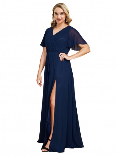 Discount Long Dark Navy Short Flutter Sleeves A-Line Formal Plus Size Evening Dress Canada