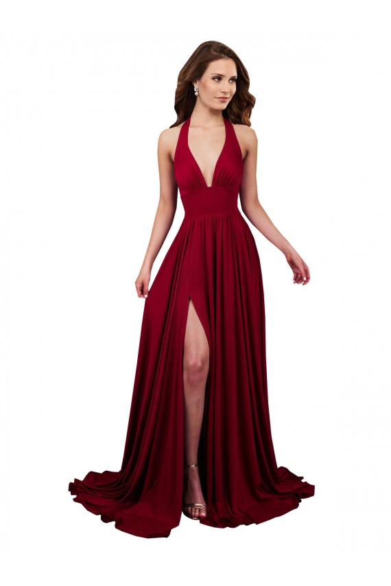 Discount Long Burgundy Sleeveless A-Line Open Back Side Slit Black Tie Evening Dress Canada