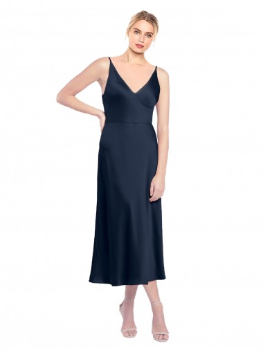 Discount Midi Length Dark Navy Sleeveless A-Line V-Back Formal Evening Dress Canada