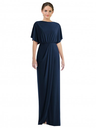 Discount Long Dark Navy Short Sleeves Sheath Open Back Semi Formal Evening Dress Canada